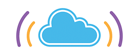A blue cloud icon is centered between two pairs of curved lines, with the inner lines in orange and the outer lines in purple.