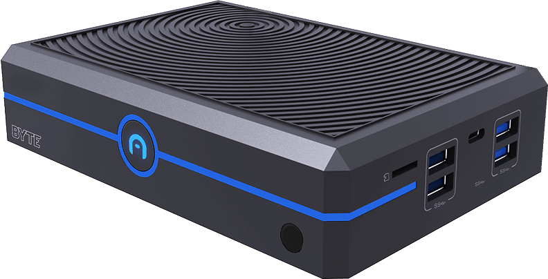 The Azulle mini pc is a compact black and blue desktop with multiple USB ports and a circular vent pattern on top.