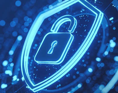 A digital illustration of a glowing padlock and shield symbol, representing cybersecurity or data protection, on a dark blue background with abstract light patterns.