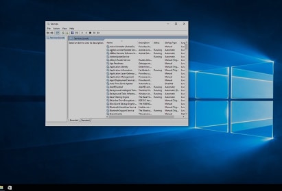 A Windows 10 desktop with the Services management window open, displaying a list of system services and their statuses.