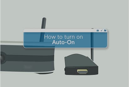 Illustration of two electronic devices with antennas, overlaid by a blue box containing the text "How to turn on Auto-On.