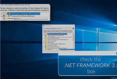 A Windows dialog box displays Windows Features with the ".NET Framework 3.5" option highlighted and checked, instructing to check the .NET Framework 3.5 box.