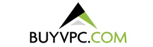 The image shows the BUYVPC.COM logo with a black, green, and gray triangular design above the website name in bold black and green letters.