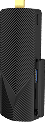 Black Azulle mini PC with a textured, chevron-patterned surface, USB port, SD card slot, headphone jack, and a gold connector on top.