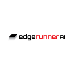 Logo for edgerunner AI featuring black and red text and an icon of three stacked papers or tiles on the left, inspired by the sleek design of Azulle mini PCs.