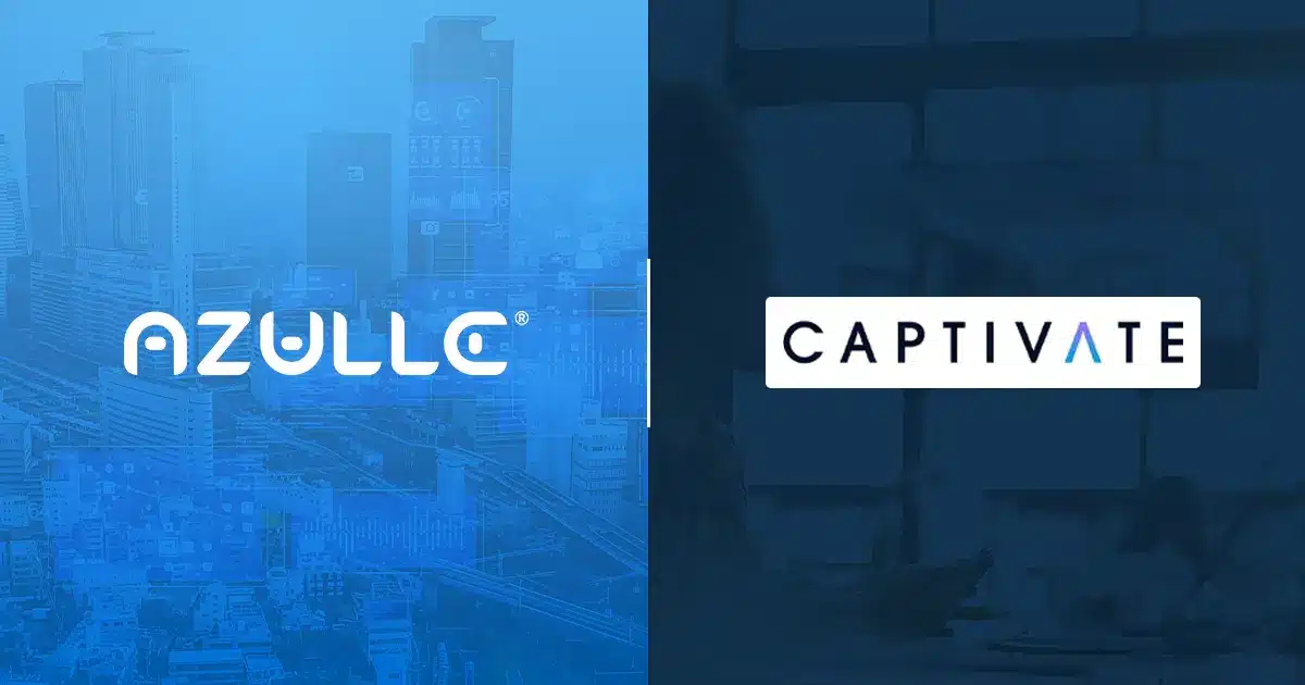 Split image showing the Azulle logo on the left over a cityscape and the Captivate logo on the right over a blurred office background.