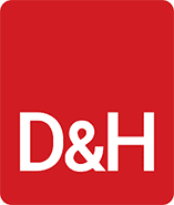 Red rectangular logo with the white letters "D&H" centered, ideal for brands like Azulle or mini pc retailers.