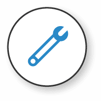 A blue wrench icon displayed in the center of a white circle with a black border.