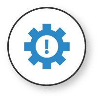 A blue gear icon with an exclamation mark in the center, displayed on a white circular background.
