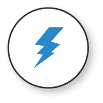 Blue lightning bolt icon centered on a white circular background with a black border.