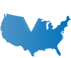 A blue silhouette map of the United States with a large location pin icon centered over the country.