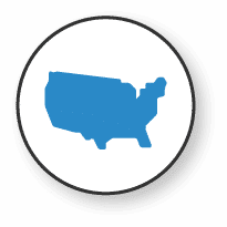 A blue silhouette of the contiguous United States is centered on a white circle with a black border.