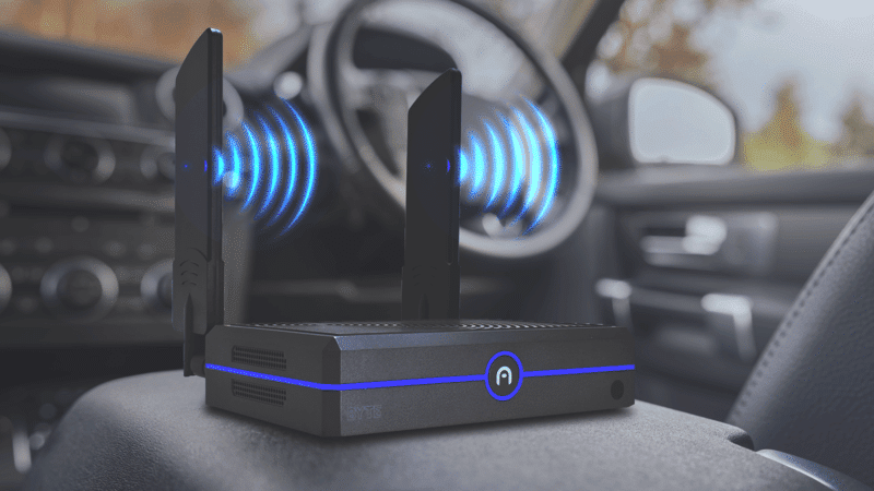 A wireless router with two antennas emitting signal waves is placed on a car seat, with the car interior visible in the background.
