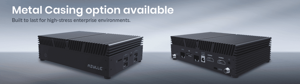 Two compact black computer units with metal casings are shown from different angles, highlighting various ports and cooling fins, with text stating "Metal Casing option available.