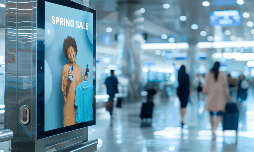 Large airport billboard promoting a spring sale with vibrant colors and bold text, attracting travelers' attention.