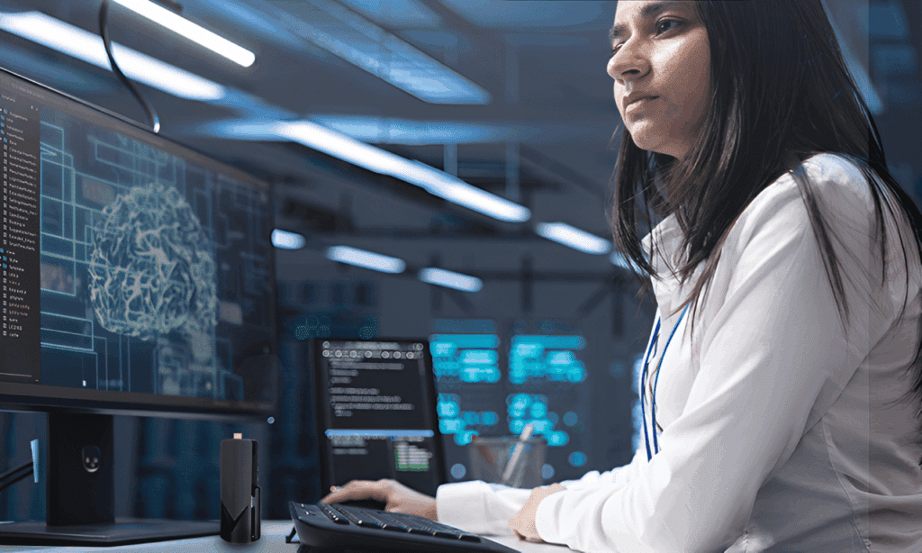 woman in uniform with Azulle Access Mini PC Stick at the table while facing the monitor