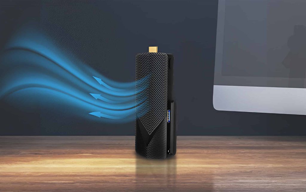 A black and blue portable device with a fan, actively blowing air for cooling purposes.