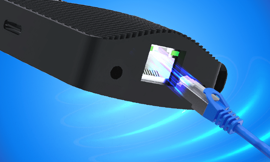 A USB device connected against a solid blue background, highlighting its sleek design and functionality.