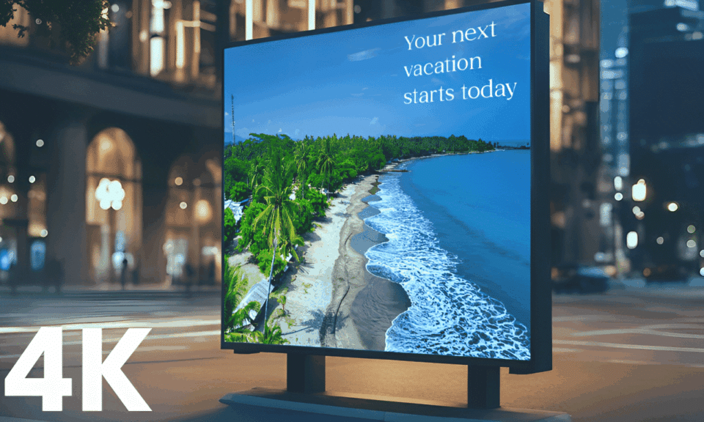 A billboard displaying a vibrant beach scene with clear blue skies and gentle waves lapping at the shore.