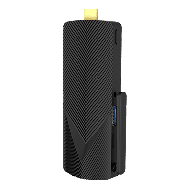 A compact black electronic device with a textured pattern, featuring a gold HDMI connector and visible USB port.