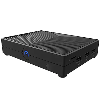 A black mini desktop computer with a ridged top surface, front USB ports, SD card slot, and a power button featuring a blue indicator light.