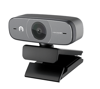 A black HD webcam with a central lens, mounted on an adjustable clip stand, against a plain background.