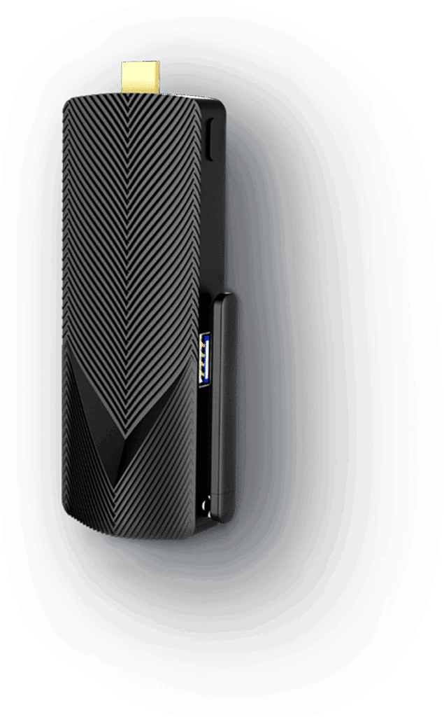 A black, rectangular electronic device with a textured, chevron-patterned surface, an HDMI connector at the top, and a USB port visible on the side.