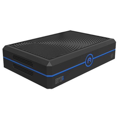 A black rectangular electronic device with blue accents and vented sides, labeled "BYTE+".