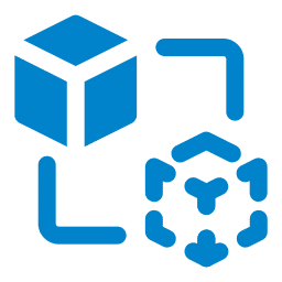 Blue icon depicting a 3D cube connected by curved lines to a hexagonal structure with three internal arrows.
