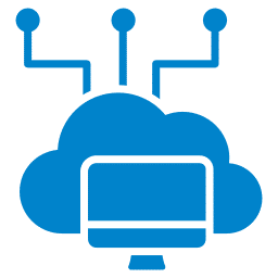 Blue icon of a computer monitor inside a cloud with three lines extending upward, symbolizing cloud computing or network connectivity.