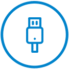 Blue outline icon of a USB cable inside a blue circle on a light gray background.