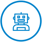 Simple blue line drawing of a robot face and torso inside a blue circle on a light gray background.