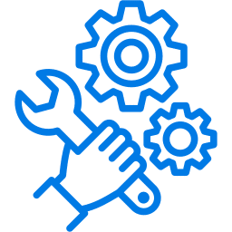 Blue outline of a hand holding a wrench with two gears in the background, representing tools or technical support.