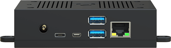 A black box featuring two ports on its surface, designed for connectivity or power supply.