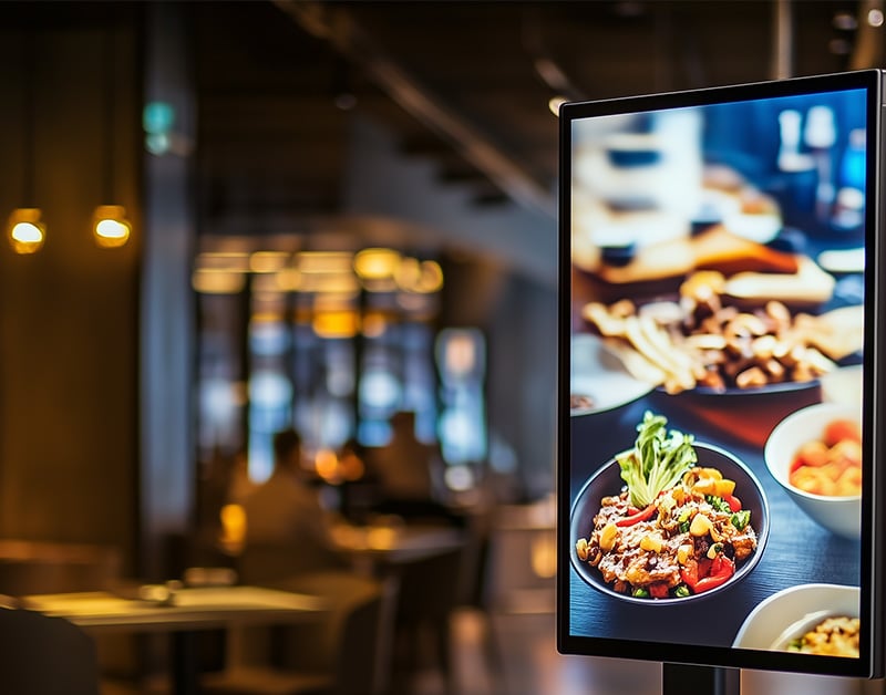 A digital display in a restaurant shows an image of assorted dishes, including a bowl of salad, with the dimly lit dining area visible in the background.