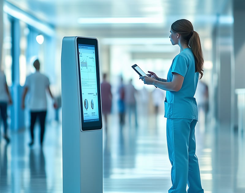 A nurse in scrubs uses a tablet while standing next to a digital information kiosk in a hospital corridor.