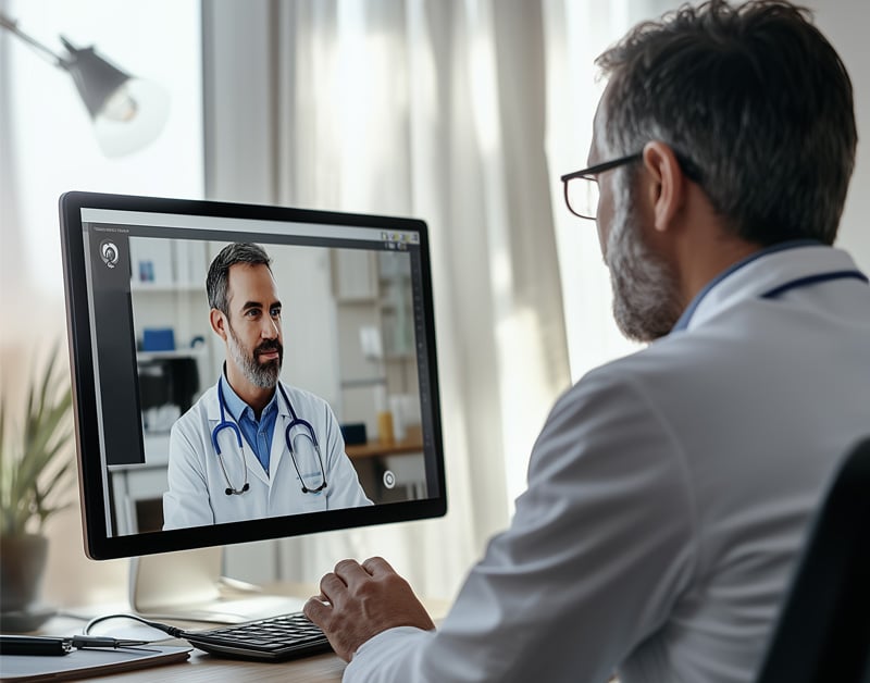 A doctor sits at a desk having a video call with another doctor, who appears on a computer screen in a well-lit office.
