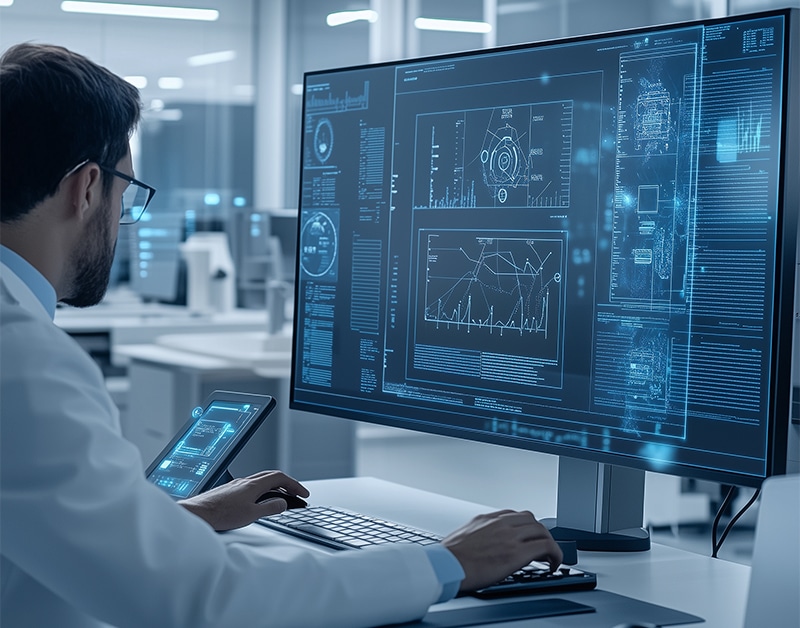 A person in a lab coat works at a desk with a large monitor displaying technical data, graphs, and diagrams in a modern, high-tech laboratory setting.