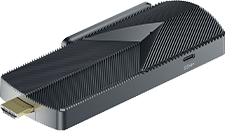 A close-up view of a black Azulle electronic streaming device, resembling a mini PC, with an HDMI connector and a USB-C port.