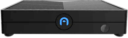 A black Azulle mini PC featuring a blue power button and a circular knob on the front panel.