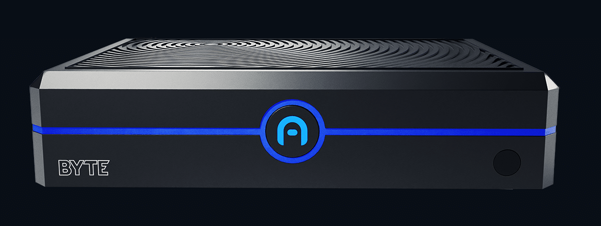 A rectangular black mini pc from Azulle labeled "BYTE" on the front, featuring a circular blue and black logo and a single blue LED strip.