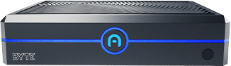 Front view of a black Azulle mini PC labeled "BYTE," featuring a blue circular power indicator and a blue horizontal line.