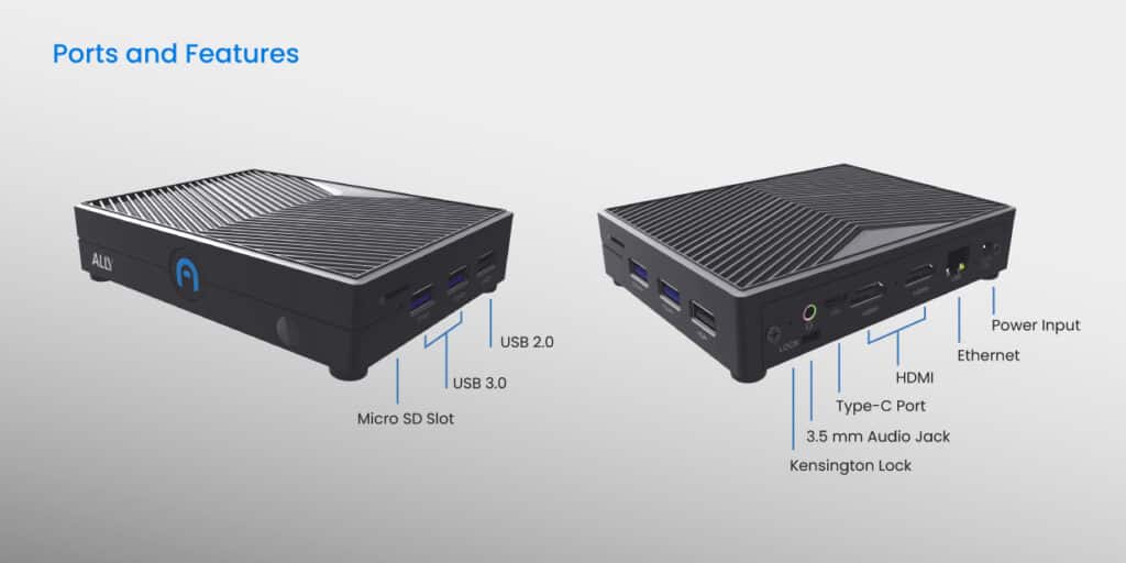 Two views of a compact computer showing labeled ports: USB 2.0, USB 3.0, Micro SD slot, HDMI, Ethernet, Type-C port, audio jack, power input, and Kensington lock.