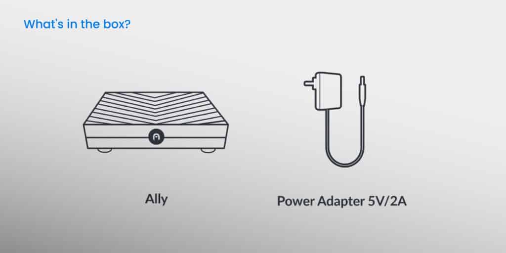 Illustration of an electronic device labeled "Ally" next to a "Power Adapter 5V/2A," shown as contents of a box.