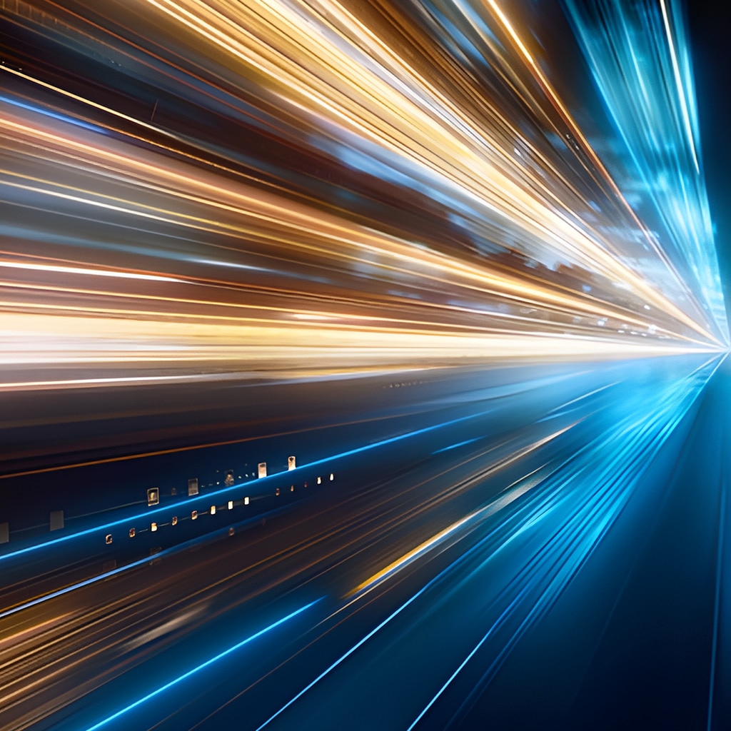 Blue and gold light trails converge toward a vanishing point, creating a sense of speed and motion on a dark background.