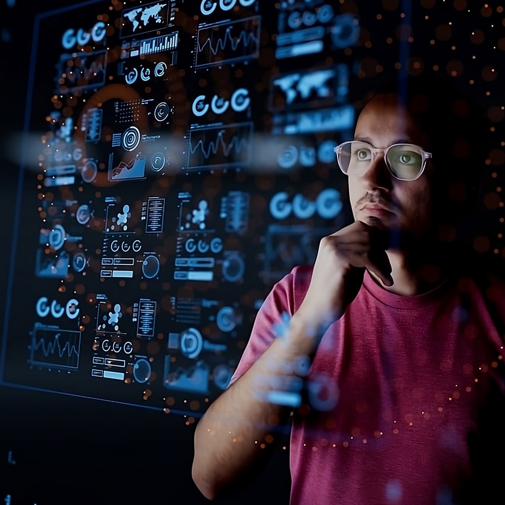 A person wearing glasses looks thoughtfully at a large digital screen displaying various data charts and graphs.