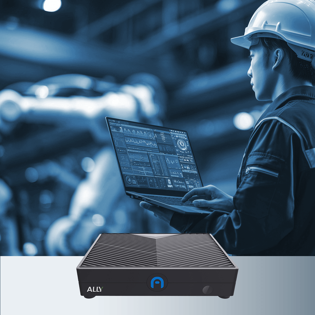 A person wearing a hard hat uses a laptop with data graphs on the screen, while a small device labeled "ALLY" is shown in the foreground.