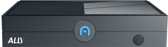 Front view of a rectangular electronic device labeled "ALLY" with a circular button featuring a blue icon in the center.