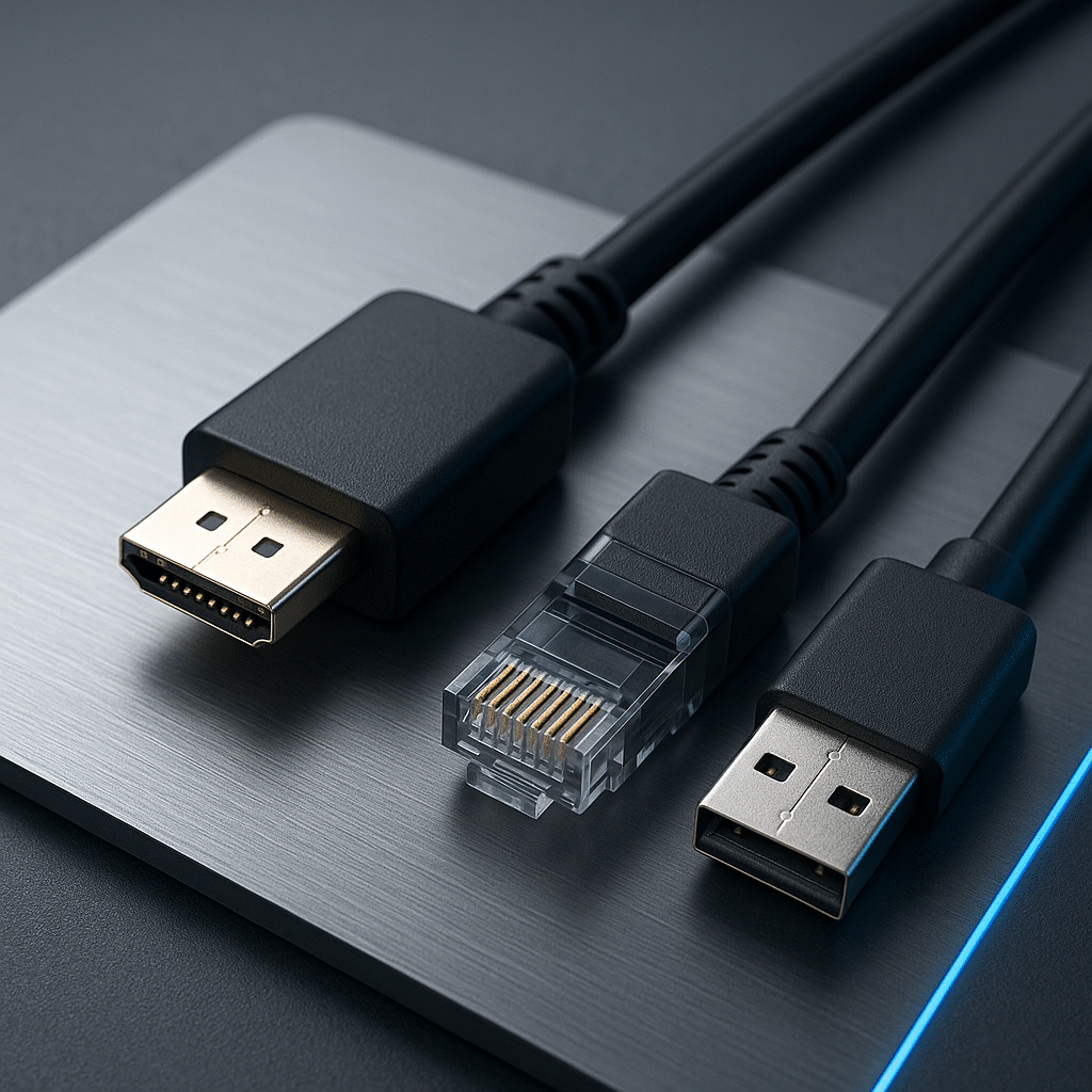 Three types of cables—DisplayPort, Ethernet, and USB—are arranged side by side on a metallic surface.