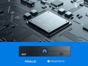 Close-up of an Intel N150 processor on a circuit board above an image of a compact black device labeled "ALLY" with Azulle and Now Micro logos.